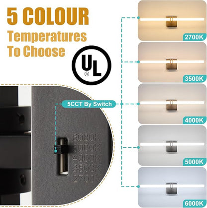 Black Bathroom Light Fixture LED Vanity Light 22" Wall Sconce | 5CCT Dimmable Wall Light, Modern 360° Lighting, 18W Hardwired Vanity Light for Bathroom, Flicker-Free