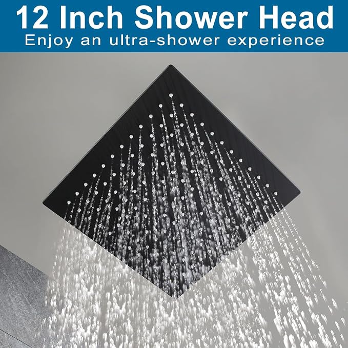 12 Inch Ceiling Mount Shower Faucet Set Matte Black Ceiling Rainfall Shower Head and Handle Set Bathroom Rain Shower System Include Shower Valve and Trim Kit