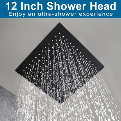 12 Inch Ceiling Mount Shower Faucet Set Matte Black Ceiling Rainfall Shower Head and Handle Set Bathroom Rain Shower System Include Shower Valve and Trim Kit
