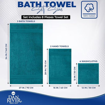 DAN RIVER 8 Piece Luxury Bath Towels for Bathroom, Towel Set, Teal | 2 Bath towels, 2 Hand towels, and 4 Wash Cloths, 600 GSM 100% Ring Spun Cotton, Highly Absorbent, Gym, Hotel, guest, and Spa