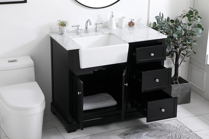 42" Pre-Assembled Bathroom Vanity with Sink, Solid Birch and MDF, Carrara White Marble Countertop Attached, Single Rectangle Porcelain Sink, 3 Soft-Close Drawers, Black