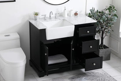 42" Pre-Assembled Bathroom Vanity with Sink, Solid Birch and MDF, Carrara White Marble Countertop Attached, Single Rectangle Porcelain Sink, 3 Soft-Close Drawers, Black