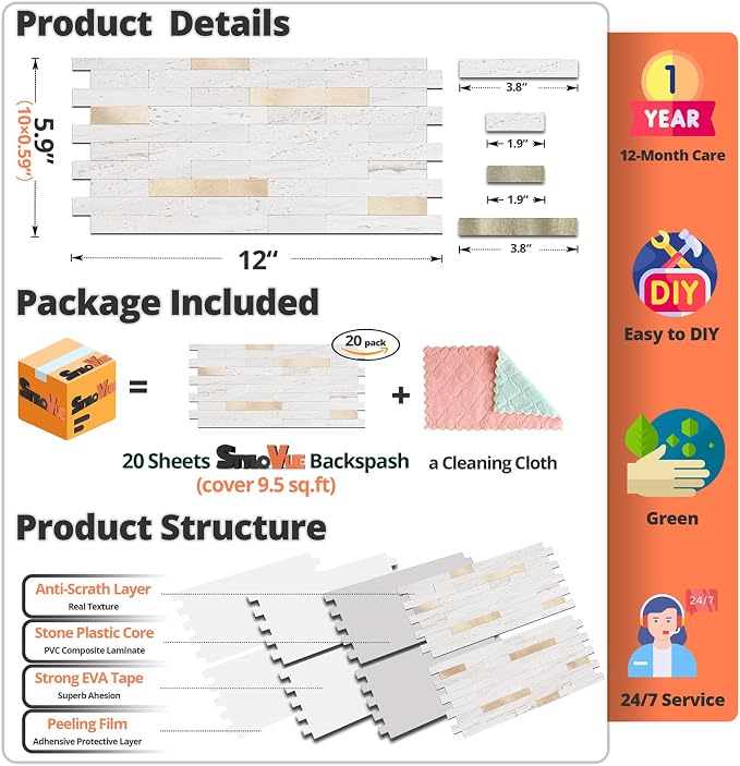 StyloVue 20 Sheets Peel and Stick Backsplash for Kitchen, Pearl White Sandstone with Metal Gold Look Stick on Tile Upgrade Your Kitchen Backsplash, RV, Fireplace