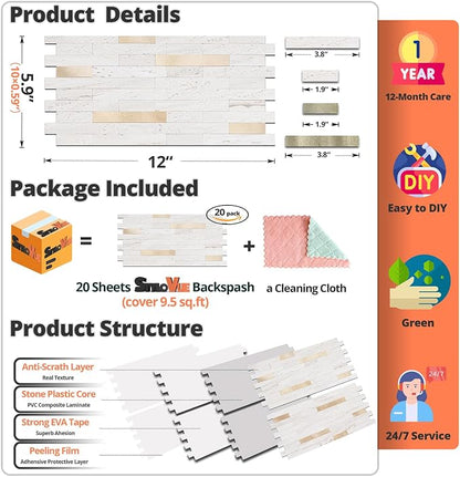 StyloVue 20 Sheets Peel and Stick Backsplash for Kitchen, Pearl White Sandstone with Metal Gold Look Stick on Tile Upgrade Your Kitchen Backsplash, RV, Fireplace