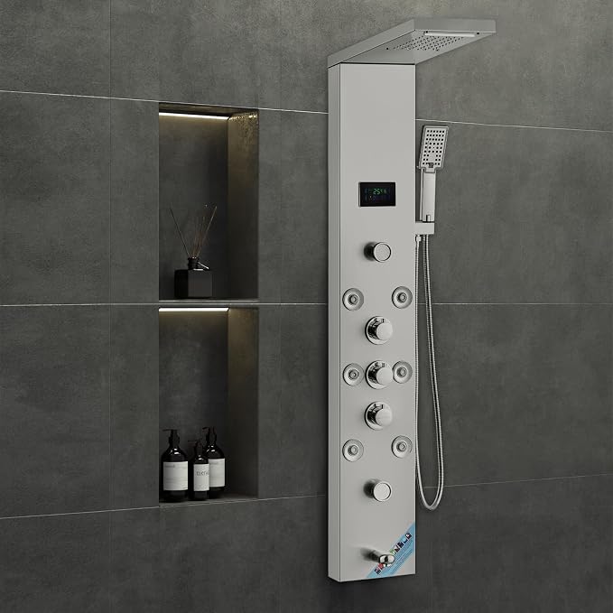 VEVOR Shower Panel, 6 Shower Modes, LED & Screen Hydroelectricity Shower Tower Panel System, Rainfall, Waterfall, 8 Massage Jets, Tub Spout, Handheld Shower, Stainless Steel Wall-Mounted Shower Set