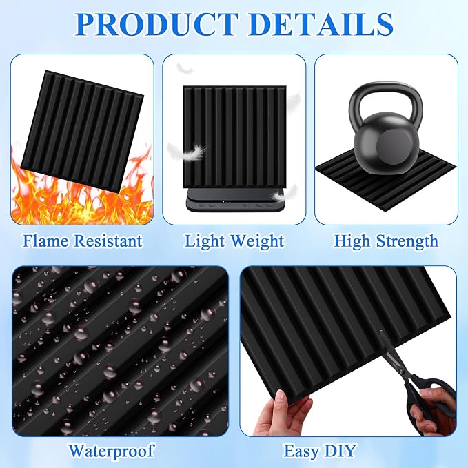Nuanchu 32 Pcs 3D Wall Panels, 12"x12" PVC Fluted Tiles, Black | Waterproof Accent Panels, Paintable Wall Tiles, for TV Background, Bedroom, Bathroom, Gaming Room, Cuttable Home DIY Decor