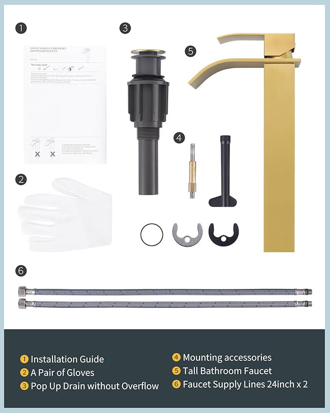 Vessel Sink Faucet Brushed Gold: ARCORA Single Hole Tall Bathroom Faucet, Single Handle Tall Waterfall Bathroom Faucet with Pop Up Drain and cUPC Supply Lines