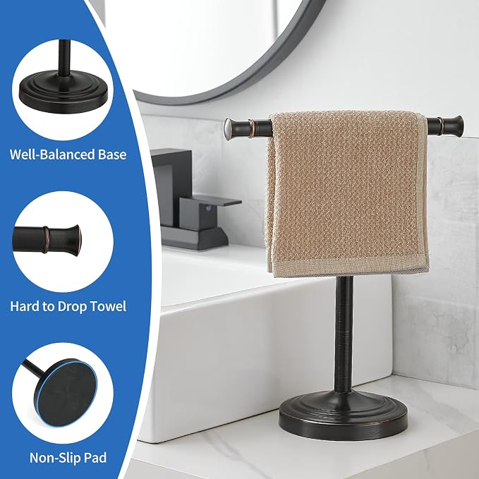 RUMOSE Oil Rubbed Bronze Hand Towel Holder Stand Countertop Towel Rack | 13 Inch Bathroom Kitchen Vanity T-Shape Towel Stand Free Standing Stainless Steel Towel Bar Towel Ring