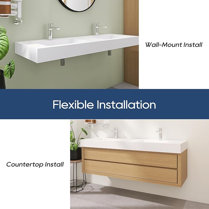 SJ STAR&JANE 59" x 19" Solid Surface Bathroom Double Vessel Sink, Wall Mounted Sink, Stone Resin Countertop With Double Bowl in Matte White Rectangle Double Floating Vanity Sink Durable Modern Design