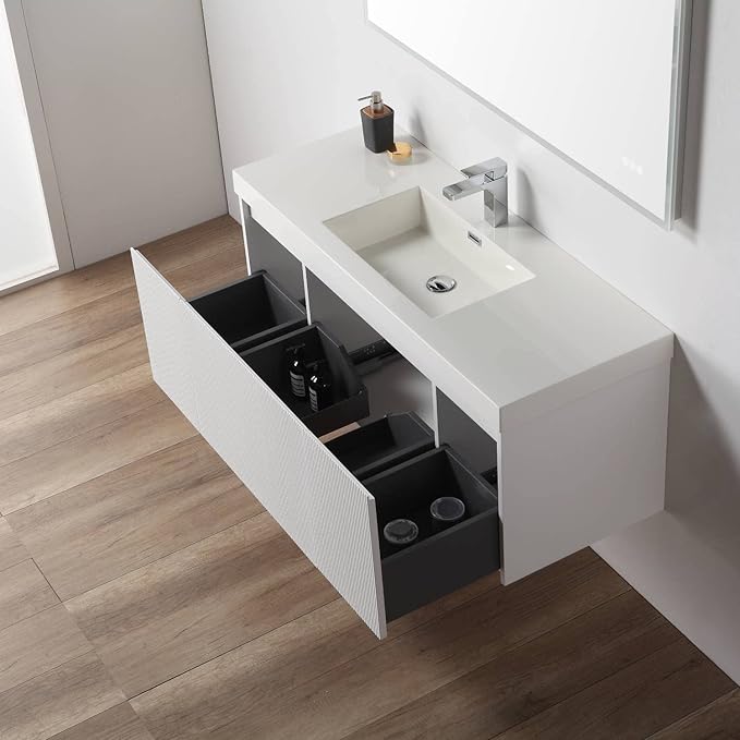 Blossom 48 Inch Floating Bathroom Vanity with Sink | Luxury Solid Plywood Wall Mounted Cabinet | Moisture-Resistant Modern Design | Seamless Acrylic Sink | Soft-Close Drawers | Matte White