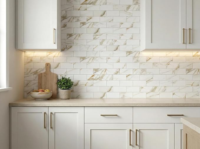 Yipscazo Peel and Stick backsplash 3 x 6 Inches 3D PVC Composite Wall Tile Stick on Backsplash Tile for Kitchen Bathroom, Laundry Room, Fireplace(Calar Gold, 160 Pieces)
