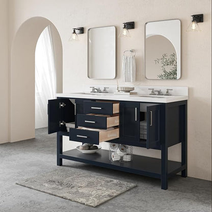 ARIEL Magnolia 60-inch Bathroom Vanity with Sink,Solid Wood, 1.5-inch Pure White Quartz Countertop, Double Rectangular Porcelain Sink, 4 Soft Closing Doors, 3 Dovetail Drawers, Midnight Blue