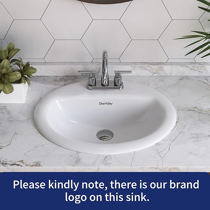 DeerValley 20x17 Inch Oval Ceramic Drop-in Bathroom Sink, White Vessel Sink with Overflow and Three Faucet Holes at 1.25-inch Centers, Modern Art Basin, DV-1DS0120