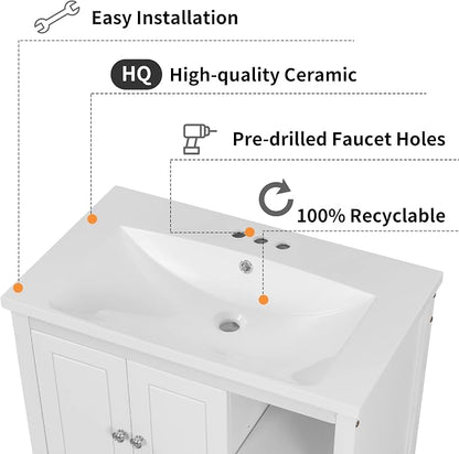 30" Ceramic Bathroom Sink, Vanity Top Only, Vessel Single-sink with Overflow and 3 Holes, Rectanglar