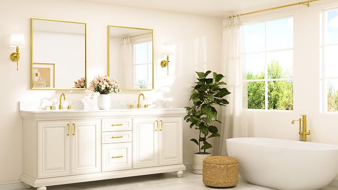Brushed Gold Mirror for Bathroom Sink 30" x 36" Beveled Frame Brushed Brass Gold Vanity Rectangle Mirror for Bathroom Wall, Modern Farmhouse, Tempered Glass, Stronger Frame