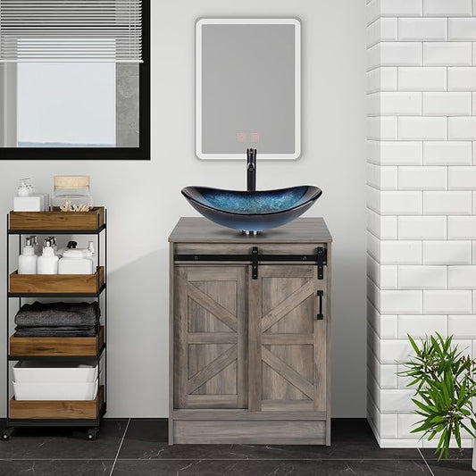 24" Farmhouse Bathroom Vanity with Sink, Bathroom Storage Cabinet with Sliding Barn Doors & Metal Handle, Freestanding Vanity with Tempered Blue Boat Glass Vessel Sink Combo Set