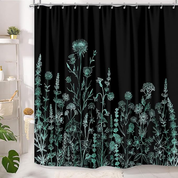 Vintage Black and Teal Boho Shower Curtain, Black Turquoise Floral Aesthetic Dark Wildflower Botanical Flowers Shower Curtain for Bathroom with Hook, Farmhouse Plant Art Chic Shower Curtain 72X72