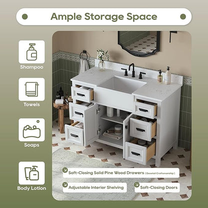 48 Inch Bathroom Vanity with Apron Farm Sink, White Farmhouse Bathroom Sink Cabinet with Soft Closing Doors & Dovetail Drawers, Single Sink Bathroom Vanity, No Assembly Required
