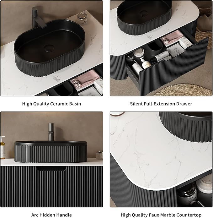 Yayzy 48" Floating Bathroom Vanity with Sink, Solid Wood Fluted Cabinet, Black Fluted Oval Ceramic Basin & Faux Marble Top, Soft-Close Drawer, Pre-Assembled, Gloss Black