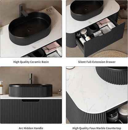 Yayzy 36" Floating Bathroom Vanity with Sink, Solid Wood Fluted Cabinet, Black Fluted Oval Ceramic Basin & Faux Marble Top, Soft-Close Drawer, Pre-Assembled, Gloss Black