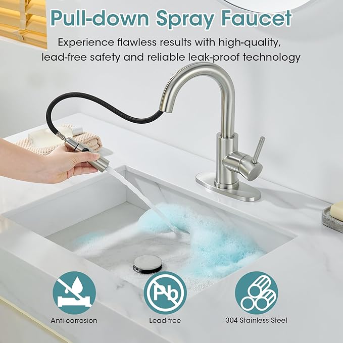 Brushed Nickel Bathroom Faucet with Pull Down Sprayer, Single Hole Bathroom Faucet with Pop-up Drain and Flexible Hoses, 1 Handle Sink Faucets for Vanity, Modern Farmhouse, Vanity, Restroom