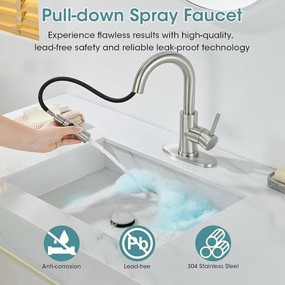 Brushed Nickel Bathroom Faucet with Pull Down Sprayer, Single Hole Bathroom Faucet with Pop-up Drain and Flexible Hoses, 1 Handle Sink Faucets for Vanity, Modern Farmhouse, Vanity, Restroom
