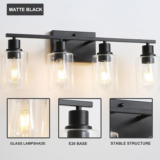 4-Lights Black Gallery Wall Sconces,Brushed Black Bathroom Vanity Light Fixtures with Clear Glass Shades, Farmhouse Modern Wall Lighting for Mirror,Living Room,Bedroom, E26 Base