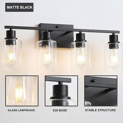 4-Lights Black Gallery Wall Sconces,Brushed Black Bathroom Vanity Light Fixtures with Clear Glass Shades, Farmhouse Modern Wall Lighting for Mirror,Living Room,Bedroom, E26 Base