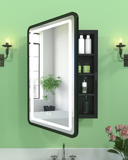 20x30 Inch LED Lighted Medicine Cabinet Mirror, Bathroom Mirror with Lights and Storage Wall Mounted & Recessed with Anti-Fog, Dimmable 3 Color Light with Memory, 3 Shelves & 1 Organizer Box, Black
