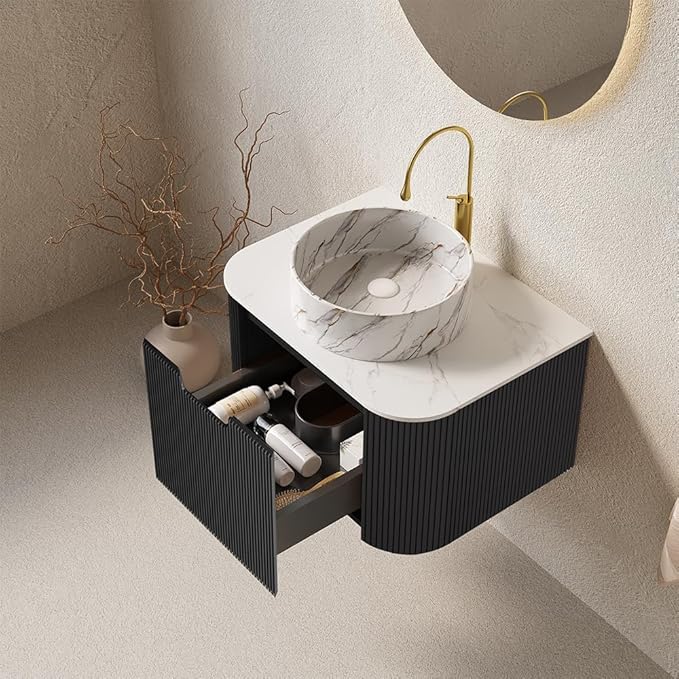 24'' Bathroom Vanities Cabinet with Sink Combo, Wall Mounted Floating Cabinet W/Curved Edges Stripes, Oak Plywood, Soft-Close System with a Drawer, White Round Ceramic Basin - Kiel, Black/S