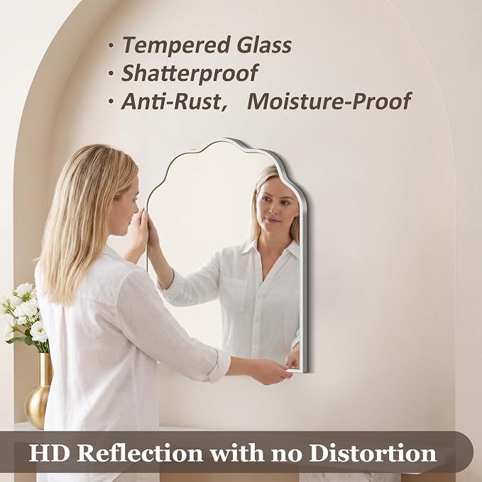 Scalloped Arched Mirror, 18×24Inch Silver Mirror for Bathroom, Wavy Wall Mounted Vanity Mirror with Aluminum Alloy Frame for Livingroom Bedroom and Entryway, Tempered Glass