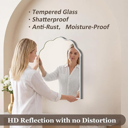 Scalloped Arched Mirror, 18×24Inch Silver Mirror for Bathroom, Wavy Wall Mounted Vanity Mirror with Aluminum Alloy Frame for Livingroom Bedroom and Entryway, Tempered Glass