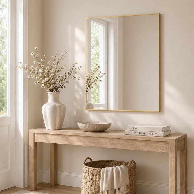 30"x36" Brushed Gold Framed Rectangle Bathroom Vanity Wall Mirror | Over-Sink Vanity Mirror, Slim Metal Frame, Entryway or Dresser Use, Vertical/Horizontal Mount, Tempered Glass