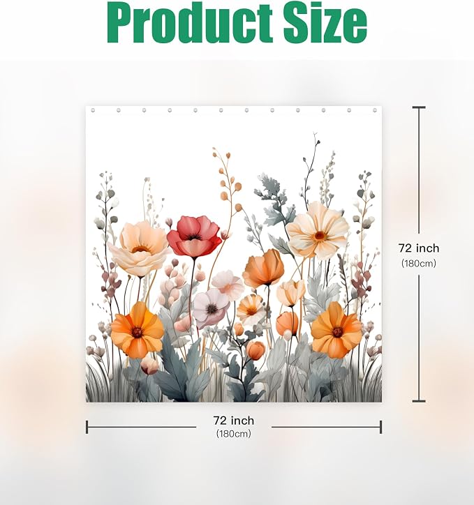 Shower Curtain for Bathroom Stall Modern Cute Aesthetic Washable Decorative Girly Waterproof Unique Wildflower Elegant Girls Chic Print Design Teen Women Cortinas de Baño Bathtub 72 x72 Inch