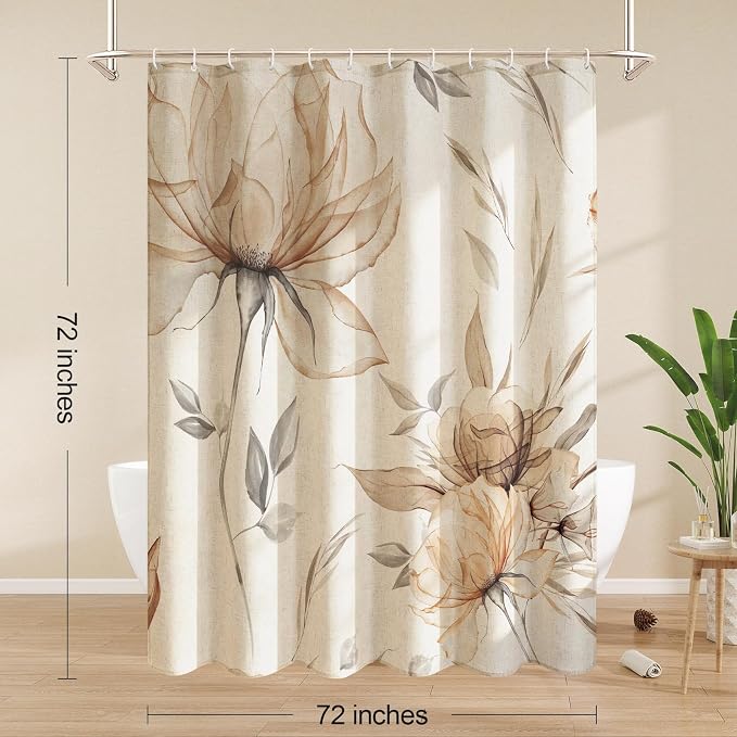 Light Brown Floral Linen Shower Curtain, Watercolor Botanical, 72 x 72 | Boho Floral Design, Watercolor Botanical Style, Ink Painting Flowers & Leaves, Linen Blend Fabric Curtain