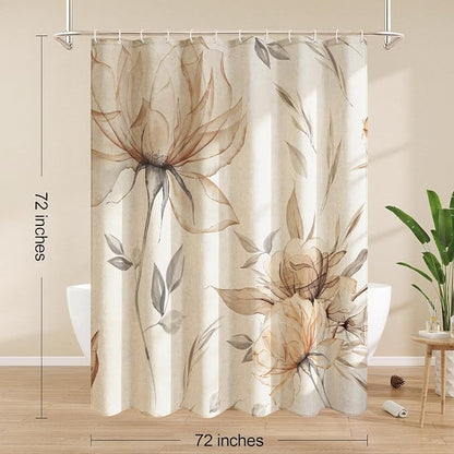 Light Brown Floral Linen Shower Curtain, Watercolor Botanical, 72 x 72 | Boho Floral Design, Watercolor Botanical Style, Ink Painting Flowers & Leaves, Linen Blend Fabric Curtain