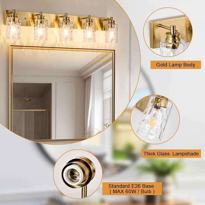 5 Light Bathroom Vanity Light Modern Brushed Gold Bathroom Light Fixtures Over Mirror with Hammered Glass Lampshade for Kitchen Hallway