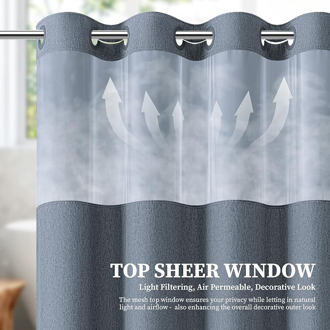 Blue Ringless Linen Textured Shower Curtain with Snap in Liner, 72x75 | 3 in 1 Hotel Shower Curtain Set, Removable Liner, Waterproof & Washable, Mesh Top Window, Durable Fabric, Easy to Install