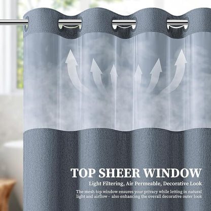 Blue Ringless Linen Textured Shower Curtain with Snap in Liner, 72x75 | 3 in 1 Hotel Shower Curtain Set, Removable Liner, Waterproof & Washable, Mesh Top Window, Durable Fabric, Easy to Install
