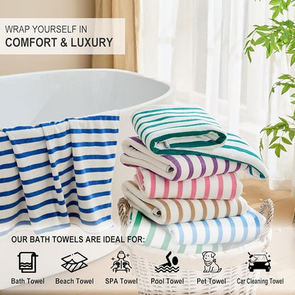 JML Microfiber Bath Towels Set, 2 Pack, 30" x 60", Stripe Pink | Hanging Loop, Soft, Absorbent, Quick Dry, Lint-free, No Fading BeachTowel for Summer Swimming Pool Party