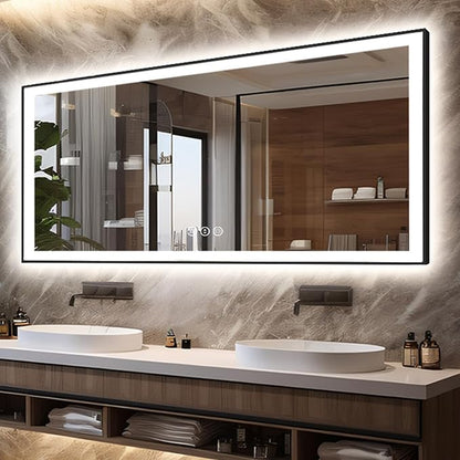 EchosLife Large 88x38 LED Bathroom Mirrors - Black Aluminum Trim | Black Frame, Front and Backlit, Anti-Fog, Stepless Dimmable, 3 Colors, Memory, Tempered Glass, UL Listed, Horizontal/Vertical