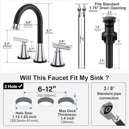 Bathroom Faucets for Sink 3 Hole, Hurran Black& Chrome Bathroom Sink Faucet with Pop-up Drain and Supply Lines, Stainless Steel Lead-Free Widespread Faucet for Vanity RV Farmhouse Sink