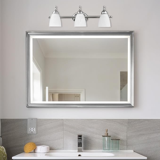 Globe Electric 50783 23" 3-Light Vanity Light, Satin Nickel, Alabaster Glass Shades, Beauty Room Accessories, Bathroom Lights Over Mirror, Makeup Mirror Lights, Wall Light