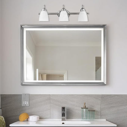 Globe Electric 50783 23" 3-Light Vanity Light, Satin Nickel, Alabaster Glass Shades, Beauty Room Accessories, Bathroom Lights Over Mirror, Makeup Mirror Lights, Wall Light