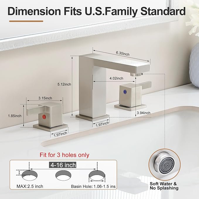8 Inch Widespread Bathroom Faucet 3 Hole, 2 Handle Brushed Nickel Vanity Sink Faucet for Lavatory, Washbasin, Vanity, Commercial, with Deck, Pop-up Drain and cUPC Supply Hoses