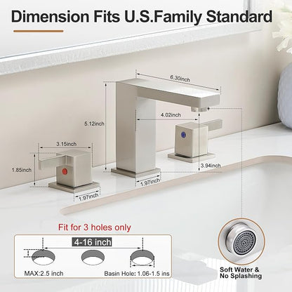 8 Inch Widespread Bathroom Faucet 3 Hole, 2 Handle Brushed Nickel Vanity Sink Faucet for Lavatory, Washbasin, Vanity, Commercial, with Deck, Pop-up Drain and cUPC Supply Hoses