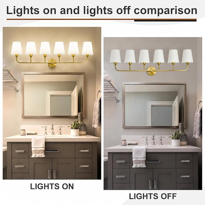 Bathroom Vanity Light, Brushed Gold Bathroom Lighting Fixtures Over Mirror | 6-Light Bathroom Light Fixtures with Flared White Fabric Shade, E26 Socket (ETL Listed)