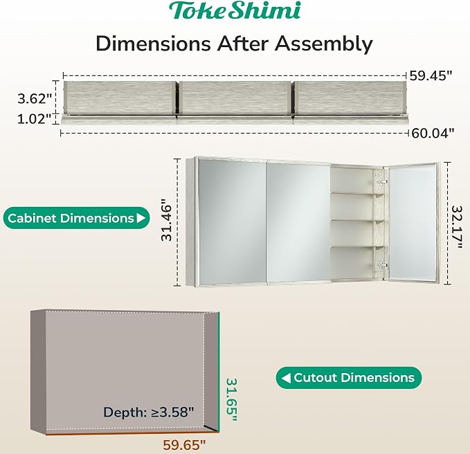 60 x 32 Brushed Nickel Recessed Medicine Cabinet with Mirror, Assembly Required, Bathroom Medicine Cabinet with Mirror, Stepless Adjustable Shelves, Beveled Aluminum Frame, DTC Hinge