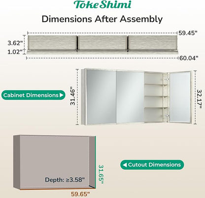 60 x 32 Brushed Nickel Recessed Medicine Cabinet with Mirror, Assembly Required, Bathroom Medicine Cabinet with Mirror, Stepless Adjustable Shelves, Beveled Aluminum Frame, DTC Hinge