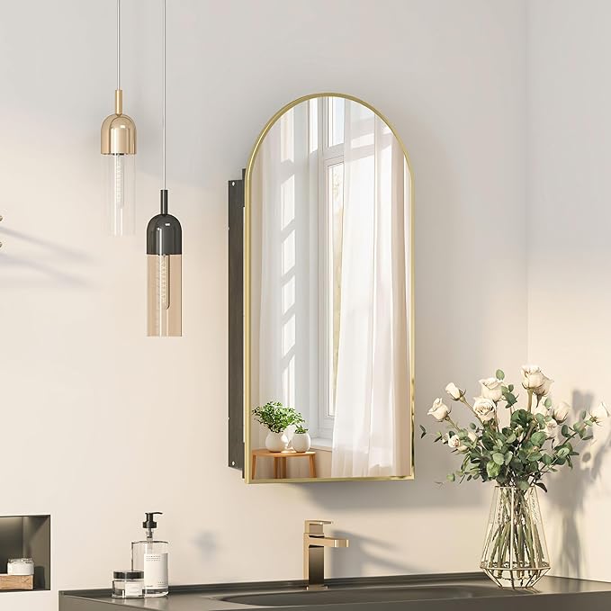 Recessed Medicine Cabinet Mirror,Brushed Gold Arched Bathroom Medicine Cabinet with Mirror,Metal Edge Mirrored Medicine Cabinets for Bathroom,in Wall Mirrored Cabinets with Storage 16x31